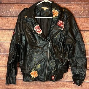 Gibson & Latimer Women's Faux Leather Floral Bomber Jacket Black Size Large